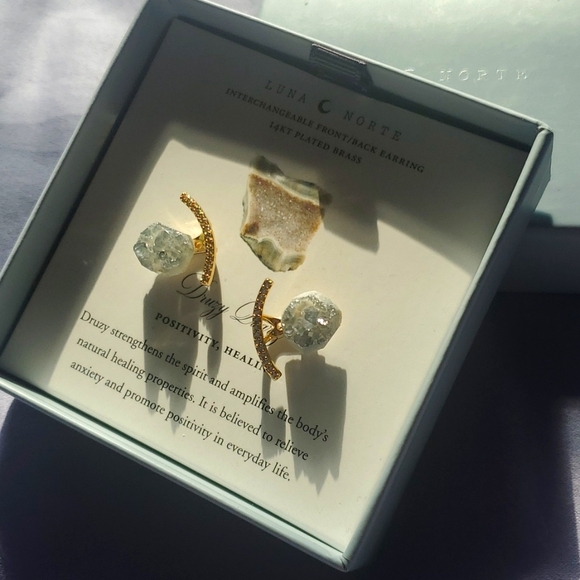 ***NEW***Luna Norte 14kt plated brass Druzy Quartz earrings - Picture 1 of 5